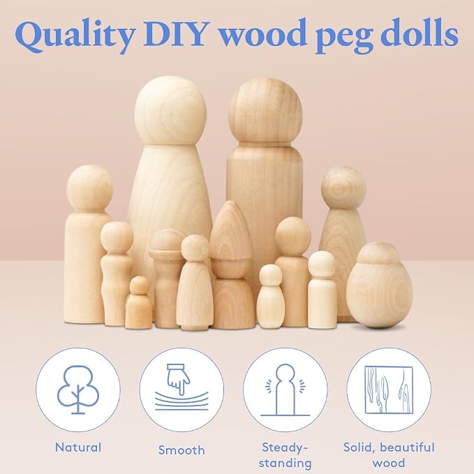 Wood Peg Dolls, 5.5 Inch Large Mom/Angel Shape Wood Peg People, Strong Birch - Image 2