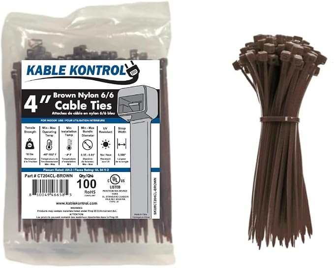 Kable Kontrol Brown Zip Ties 4 Inch 100 Pcs, 18 Lbs Tensile Strength, by KABLEKONTROL%C2%AE