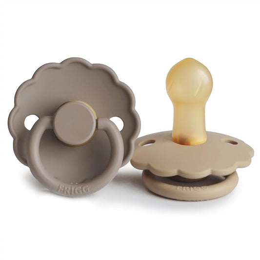 FRIGG Daisy Natural Rubber Baby Pacifier | Made in Denmark | BPA-Free (Croissant/Portobello, 0-6 Months) 2-Pack