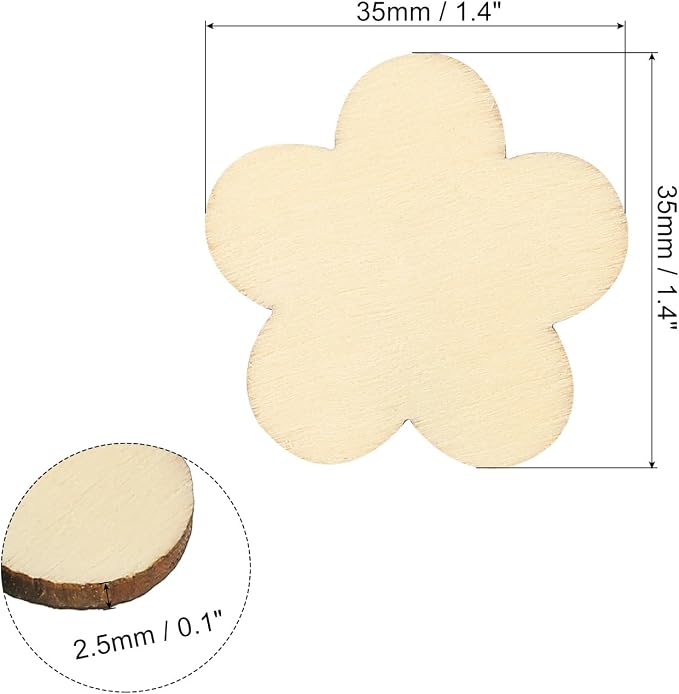 PATIKIL 35mm Wooden Flowers, 50 Pack Unfinished Wood Flowers Blank Wooden - Image 2
