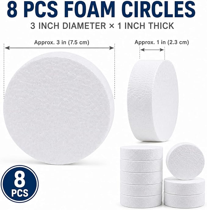 8 Pcs 3 Inch Foam Circles for Crafts, 1 Inch Thick White Polystyrene Round Foam - Image 2