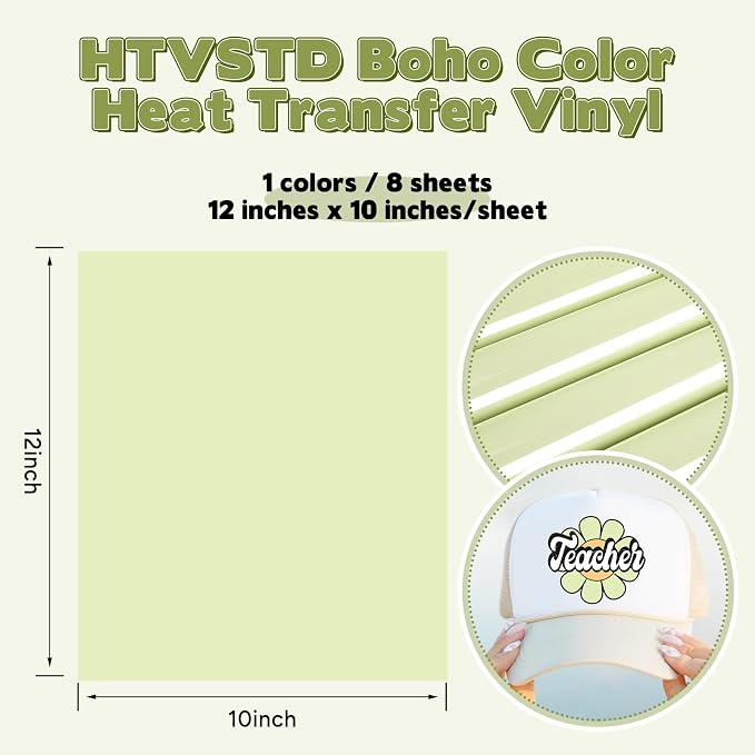 HTVSTD Tea Green Boho HTV Heat Transfer Vinyl 8pcs 12×10in Iron on Vinyl | - Image 2