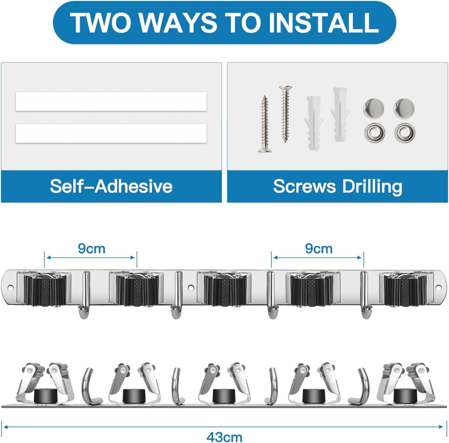 IMILLET Broom Holder Wall Mounted, Stainless Steel Broom Mop Holder Self Adhesive Heavy Duty Hooks Storage Organizer for Home Laundry Room Garden Garage Closet Kitchen 1 Pack（5 Racks with 4 Hooks）