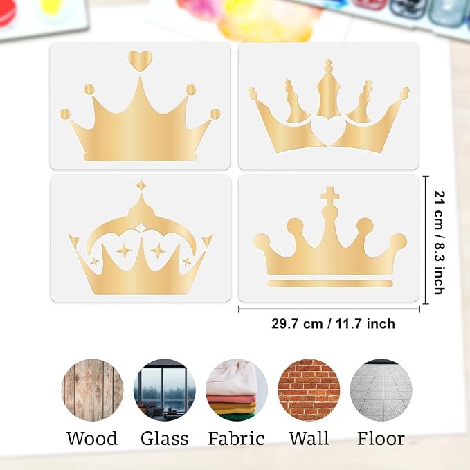 4 Pack Crown Craft Stencil Templates 11.7 x 8.3 Inch Reusable Princess Qeen Art - Image 2