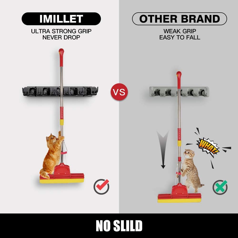 IMILLET 2 Pack Mop and Broom Holder, Wall Mounted Organizer Mop and Broom Storage Tool Rack with 5 Ball Slots and 6 Hooks (Black)