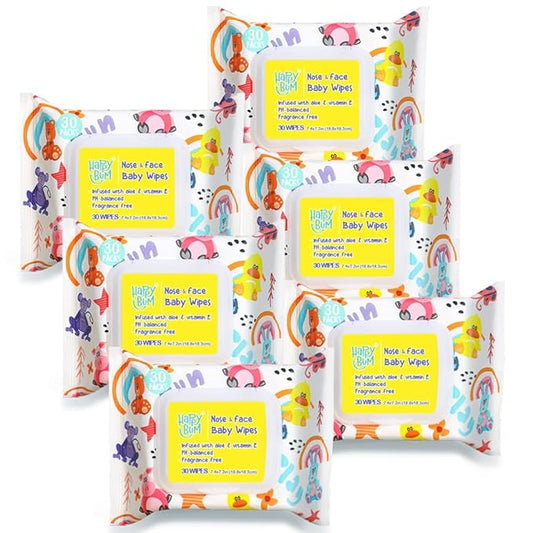 HAPPY BUM - 180 Count Baby Wipes, Unscented, 7.4 x 7.2 Inch, Moist and Refreshing, Multi-Purpose Use, Ideal for Travel (6 Packs of 30)
