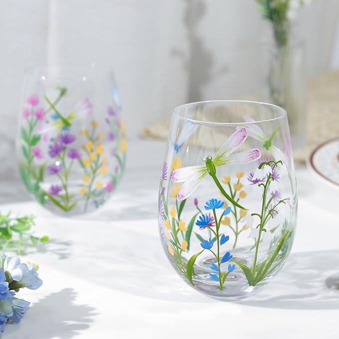 NymphFable Hand Painted Stemeless Wine Glass 18oz Set of 2 Dragonfly Flowers - Image 6