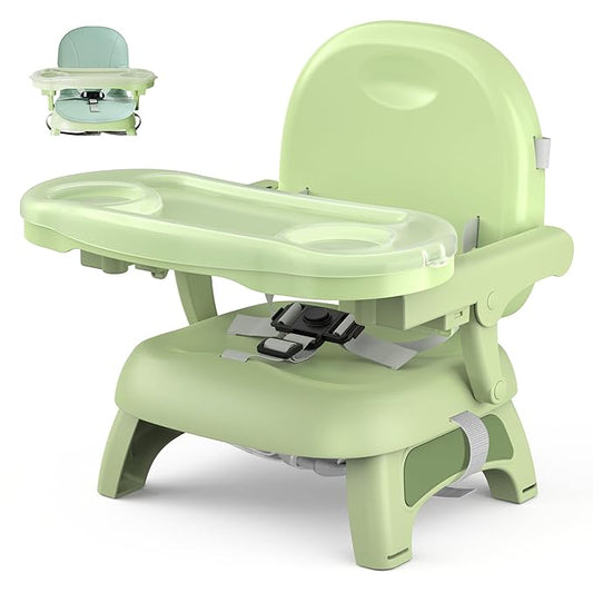 Bella’s Friends 3-in-1 Toddler Booster Seat for Dining Table and Kitchen Chair with Adjustable Double Layer Tray and Safety Straps, Foldable&Portable Baby Floor Seat with Removable Cushion, Green