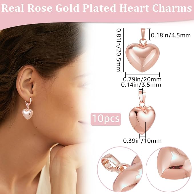 Beebeecraft 10Pcs Rose Gold Plated Heart Pendant Charms Metal Brass Love Heart - Image 2