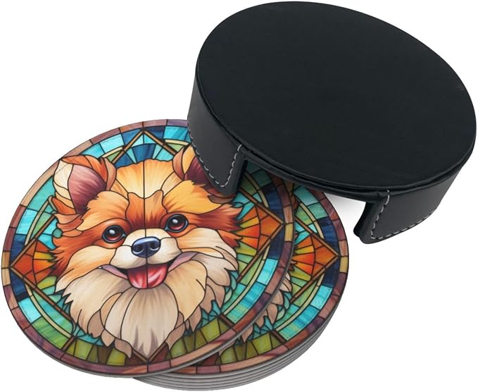 Drink Coaster Set of 6, Pomeranian Dog Mom Lover Gift, Leather Drink Coasters - Image 5