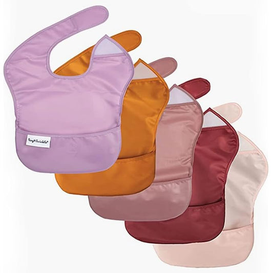 Tiny Twinkle Mess Proof Baby Bibs for Eating – Waterproof, Wipeable Toddler Bibs with Pocket – Baby Food Bibs for Girls & Boys(5 Pack,Girl Solids)