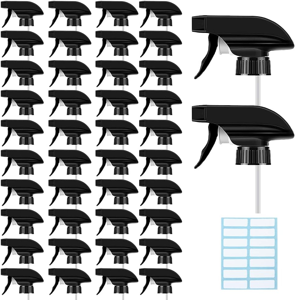 AMORIX 50PCS Spray Bottle Tops Black Trigger Sprayer Heavy Duty Replacement Nozzle with Mist Spray & Stream Sprayer, Fits Standard 28/400 Neck Bottles + Tag Label Stickers