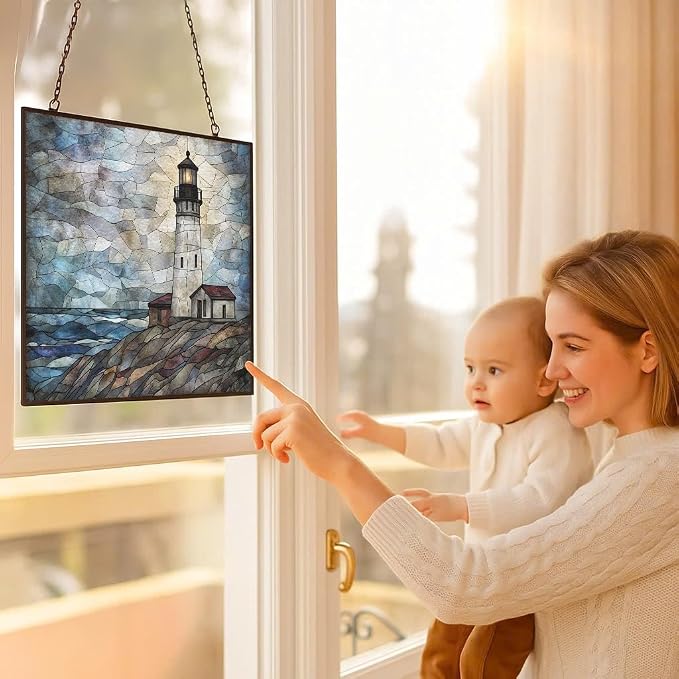 Customized Rectangle Vintage Lighthouse Shore Stained Glass Window Hanging - Image 5