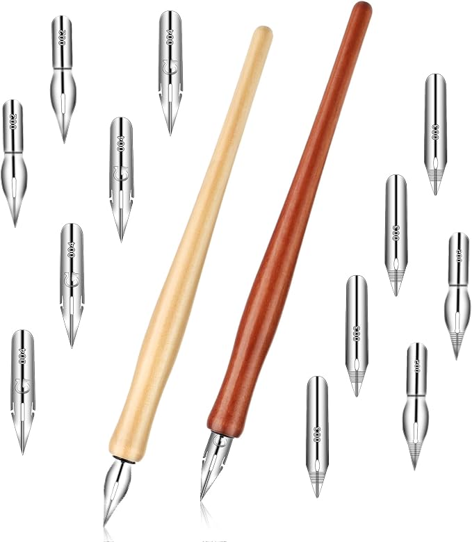 14pcs Oblique Calligraphy Comic Pen Set, 2-in-1 Wooden Pen Holder by Mozeat+Lens