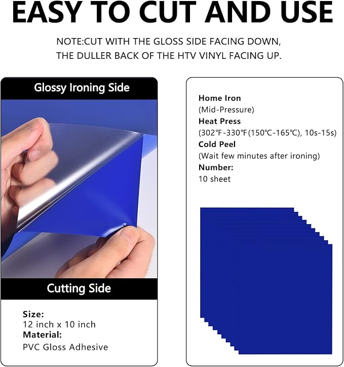 FUNKAKA Blue HTV Heat Transfer Vinyl Bundle, 10 Sheets Sticky HTV Vinyl - Image 2