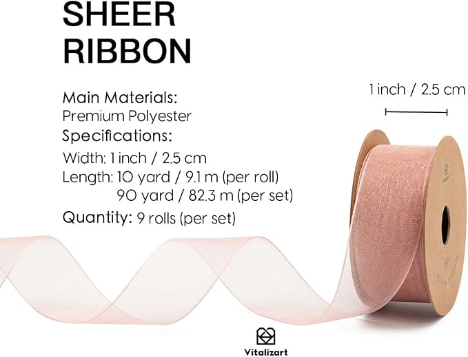 Vitalizart 1" x 90Yd Organza Ribbon Mixed Color Sheer Ribbons Set 10 Yd x 9 - Image 2