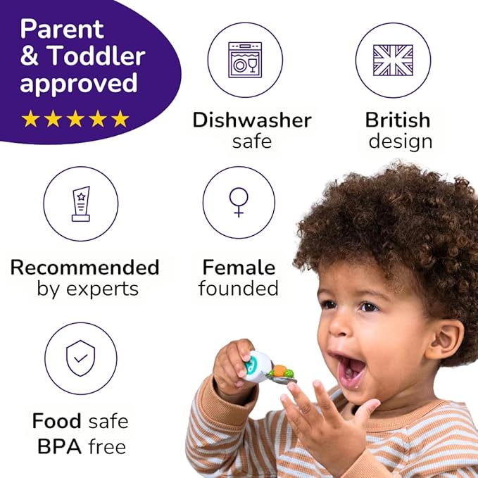 doddl Toddler Utensils, Ergonomic Fork and Spoon Set for Self Feeding, Stainless Steel Silverware for 1-3 Year Olds, BPA Free, Dishwasher Safe (Aqua)