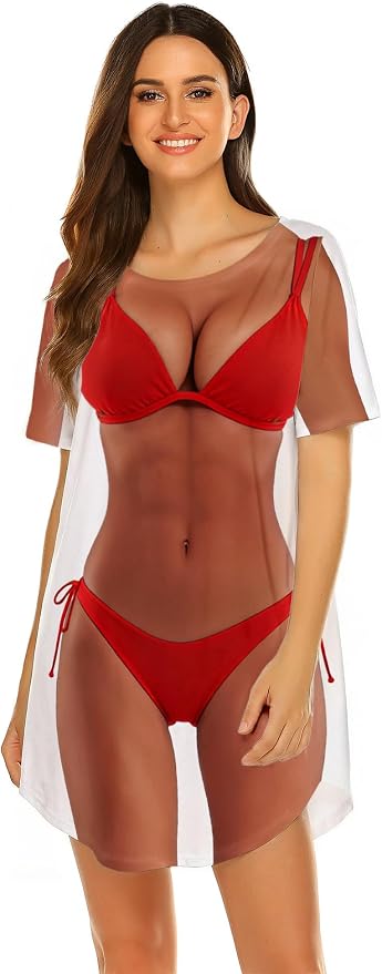 Ekouaer Women's Bikini Shirt Cover Up Short Sleeve Cute Bikini Print Cover-Up - Image 5