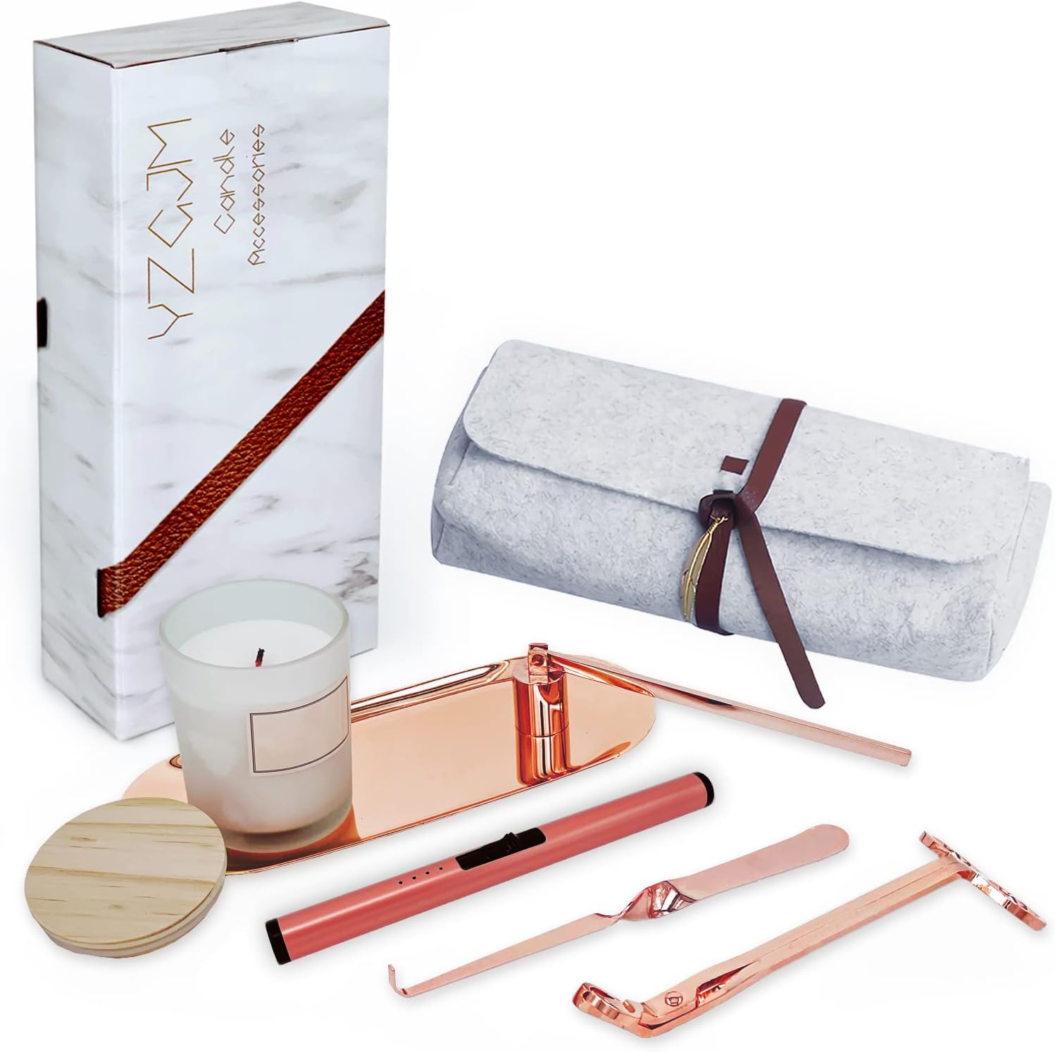 Exquisite Candle Accessories Tool Pack Bag, Rechargeable Electric Lighter， Wick Trimmer, Dipper, Snuffer and Tray Holder Elegant Kit Gift for Candle Lovers in Dating, Valentines Decor. (Rose Gold)
