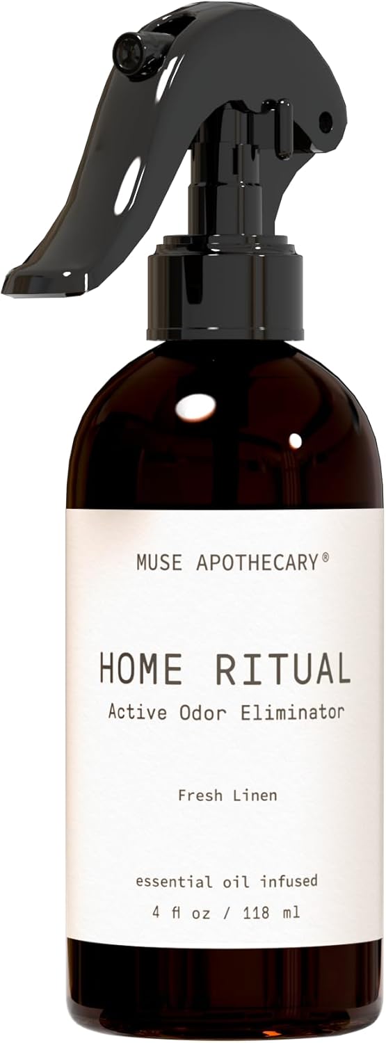 Muse Apothecary Home Ritual Active Odor Eliminator Spray - Furniture Deodorizer Spray & Bathroom Odor Eliminator for Home - Essential Oil Air Freshener - 4oz, Fresh Linen