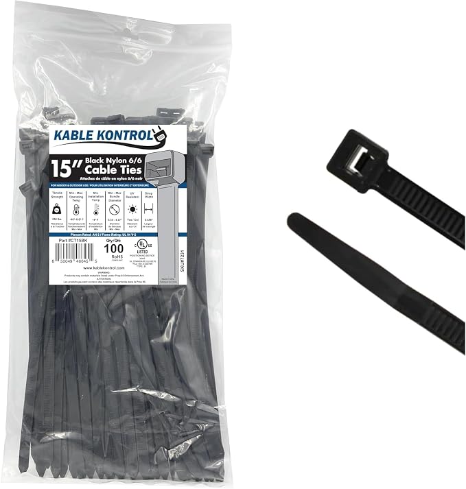 Kable Kontrol Heavy Duty Cable Zip Ties 100 Pcs 15 Inch Black, 250 Lbs Tensile by KABLEKONTROL%C2%AE