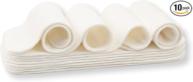 Nora's Nursery 5-Layer Cotton Inserts – 10 Pack with Snaps | Super Absorbent, Reusable & Washable Diaper Liners | Leak-Proof Cloth Diaper Inserts for Overnight Comfort and Protection