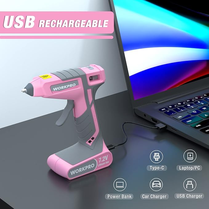 WORKPRO Pink Cordless Hot Melt Glue Gun, 7.2V Rechargeable Fast Preheating Glue - Image 5