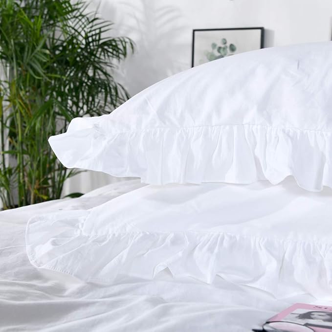 QSH White Ruffle California King Duvet Cover, Washed Cotton Farmhouse Shabby - Image 3