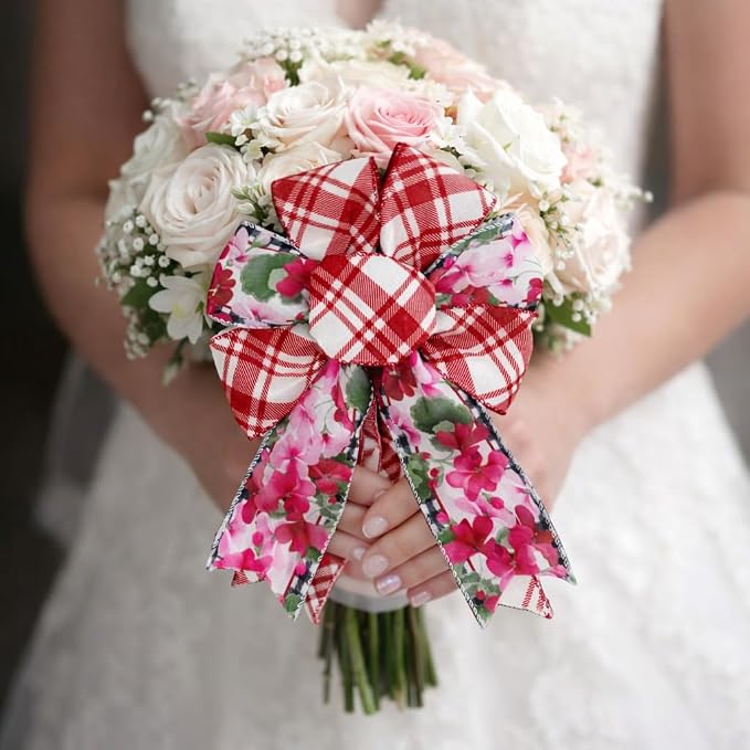 2 Rolls Red Floral Wired Ribbon, 2.5 Inch x 10 Yards Each, Vintage Red Pink - Image 5