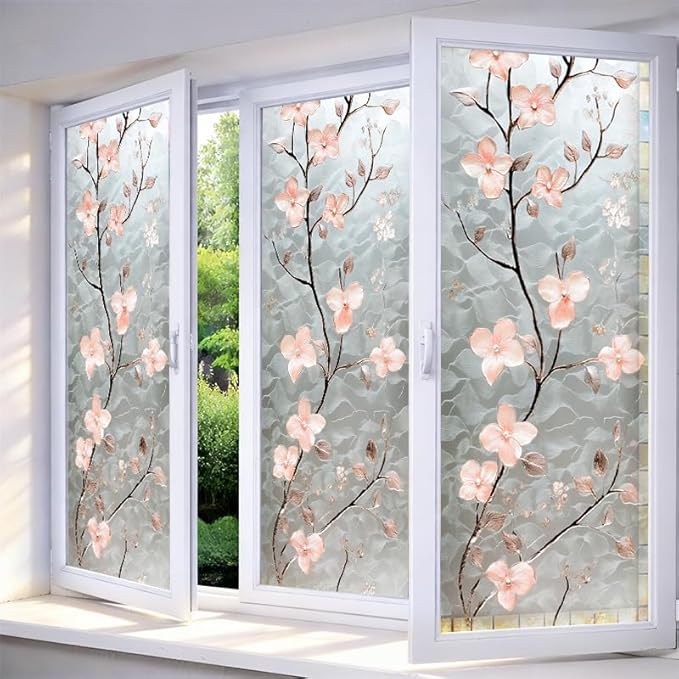 IVN Privacy Window Film Stained Glass Window Cling Pink Blossom Design by IVN