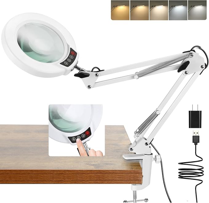 10X Magnifying Glass with Light and Clamp, Real Glass Stand Lighted Magnifier by COYETH