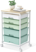 SYKIARIOL Utility Cart with 5 Drawers, Storage Cart with Wooden Tabletop and by SYKIARIOL