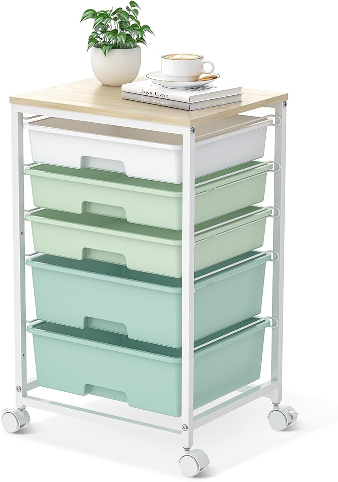 SYKIARIOL Utility Cart with 5 Drawers, Storage Cart with Wooden Tabletop and by SYKIARIOL