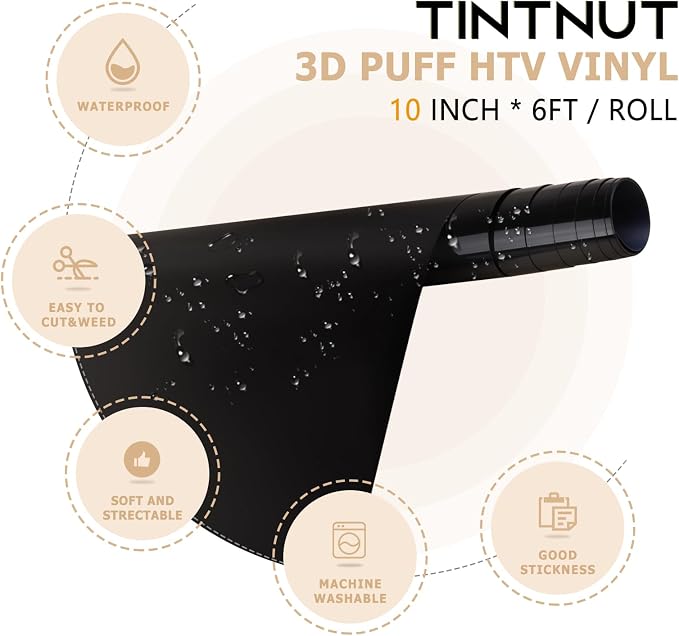 Tintnut Black Puff Heat Transfer Vinyl Roll, easy cut & weed, stretch washable - Image 2