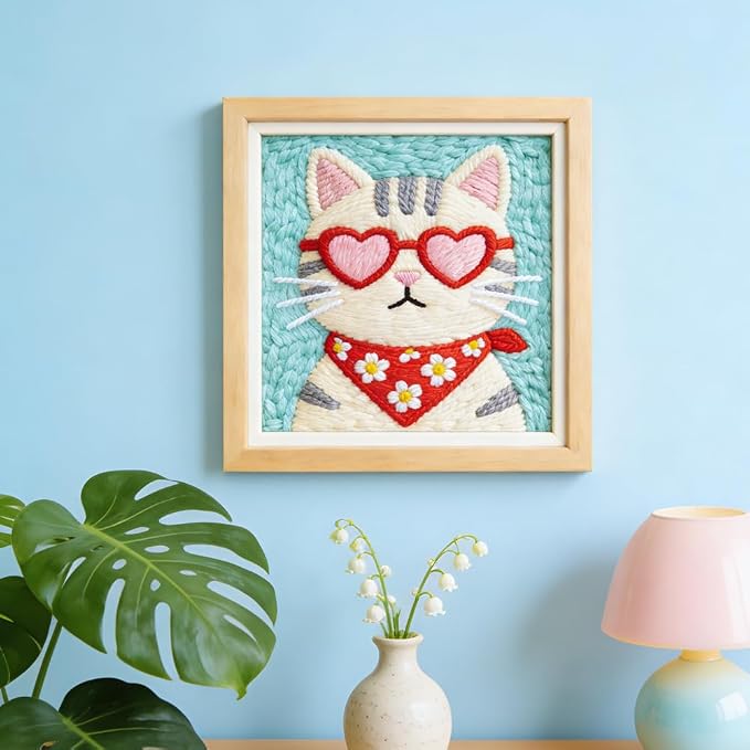 INFUNLY Cool Cat Punch Needle Kit Heart Cat DIY Embroidery Punch Needle Set - Image 7