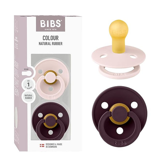 BIBS Colour Pacifier 2-Pack, BPA Free, Round Nipple. Natural Rubber Latex, Made in Denmark, Size 1 (0-6 Months) - Petal/Plum