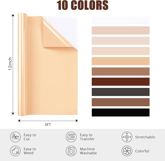 HTVRONT Skin Tone HTV Vinyl Bundle, 10 Pack Brown HTV | Brown Iron On - Image 2