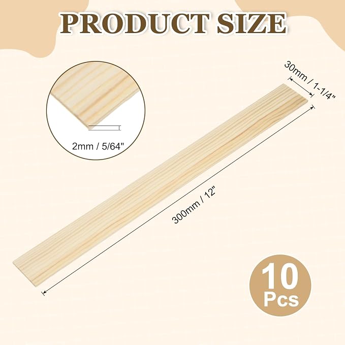 MECCANIXITY 10Pcs Wood Strips Slats, 5/64" x 1‑1/4" x 12" Thin Wood Sticks Flat - Image 2