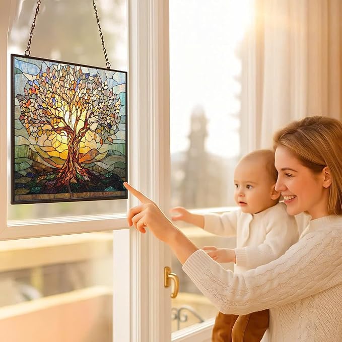 Retangle Art Nouveau Tree of Life Stained Glass Window Hanging Window - Image 5