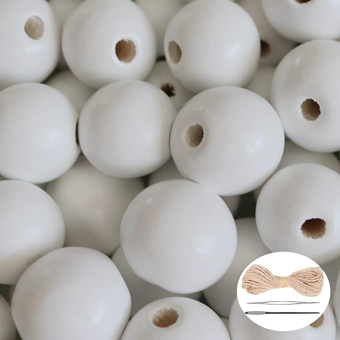 150Pcs White Wooden Beads with Large Hole, Round Loose Beads Natural Spacer by SMANTA