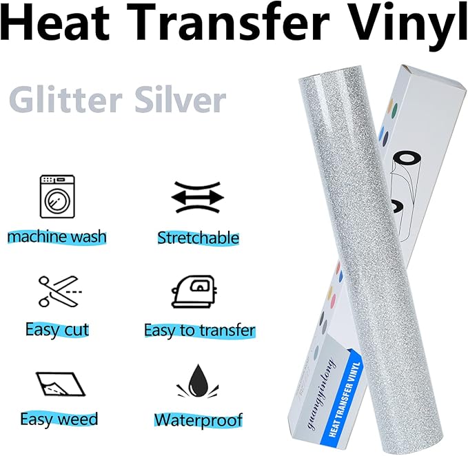 guangyintong Heat Transfer Vinyl Glitter Silver HTV Rolls, Glitter HTV Vinyl - Image 6