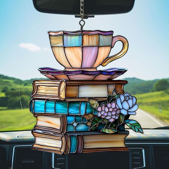 Flowers Book and Tea Acrylic Suncatcher Stained Glass Effect Window Car Hanging - Image 5