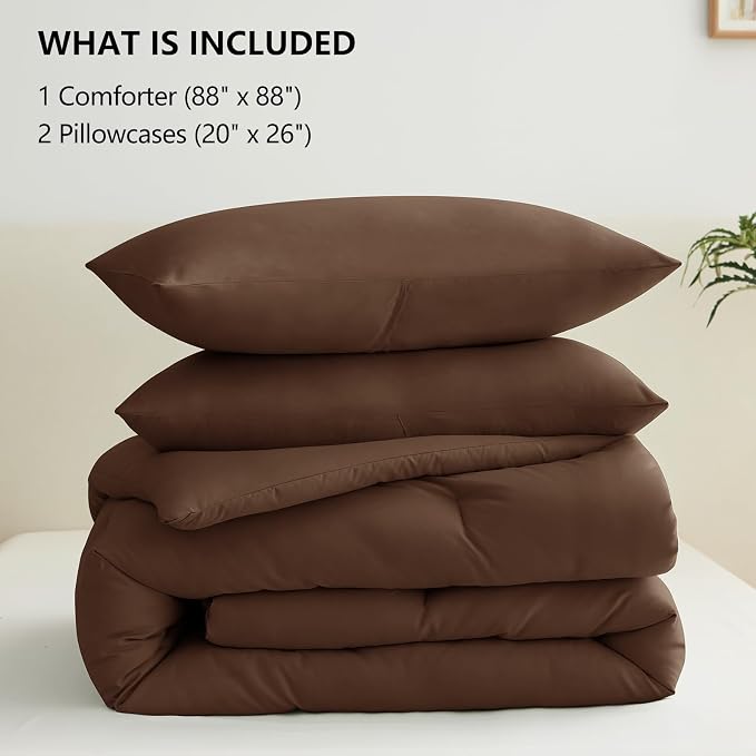 CozyLux Queen Comforter Set Brown, 3 Pieces Solid Comforters Queen Size - Image 7