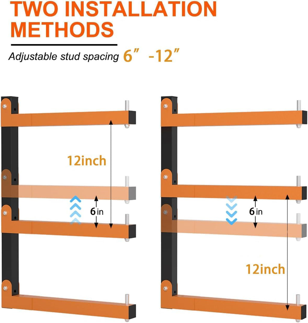 Lumber Storage Rack Wall-Mounted Lumber Racks Heavy Duty Wood Storage Rack with 6-Level Holds Up 720 LBS Sturdy Folding Garage Wood Organizer Orange Shelving Metal Shelf for Indoor & Outdoor- 4 Pack