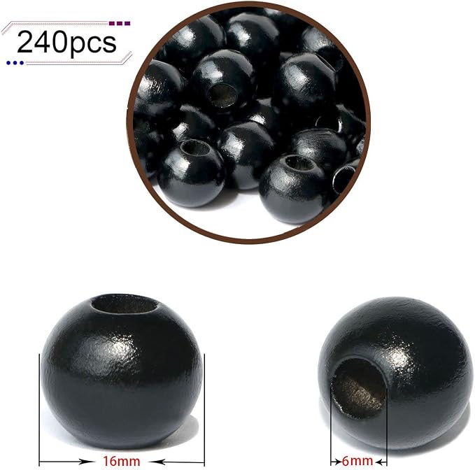 240Pcs Black Wood Beads 16mm for Craft Large Hole Wood Beads Hole:6mm - Image 2