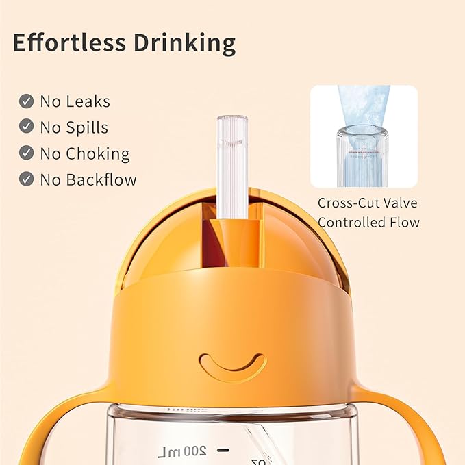 Evorie Tritan Weighted Straw Sippy Cup with Handles for Baby and Toddlers, Spill Proof Baby Water Bottle with Straw for 6 months and up, 7 Oz, Infant Training Water Bottle (Brown)