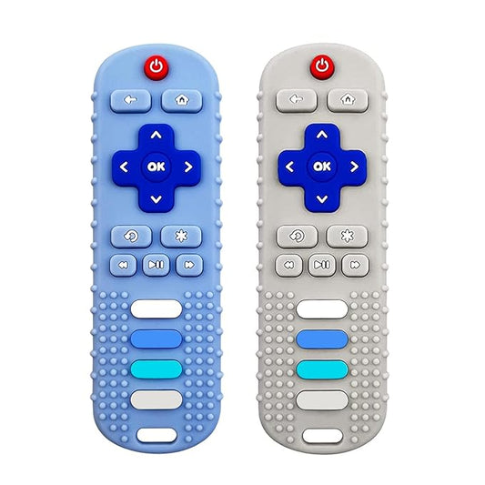 Baby Teething Toys, Food Grade Silicone Teether for Babies 3 6 12 18 Months, TV Remote Shape Toddlers Chew Toys, Freezer BPA Free (Blue+Beige)