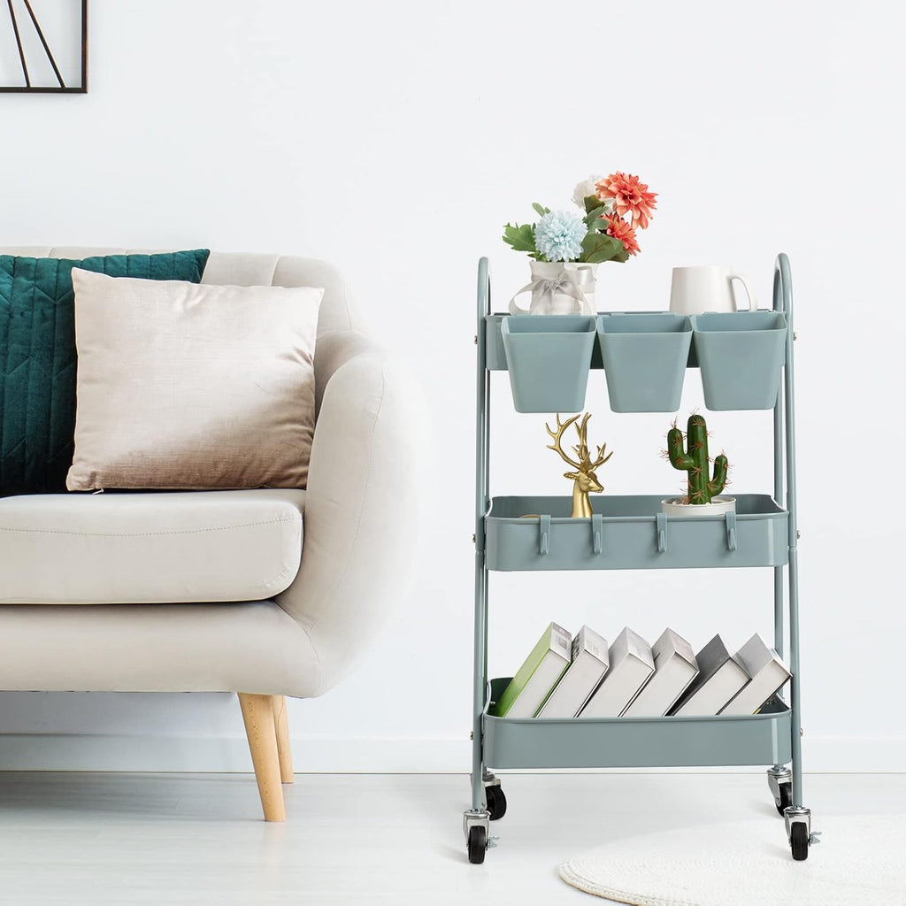 danpinera 3-Tier Rolling Cart, Metal Rolling Storage Cart with Lockable Wheels & Hanging Cups & Hooks, Mobile Trolley Cart for Kitchen, Bathroom, Office, Workshop, Gray Blue