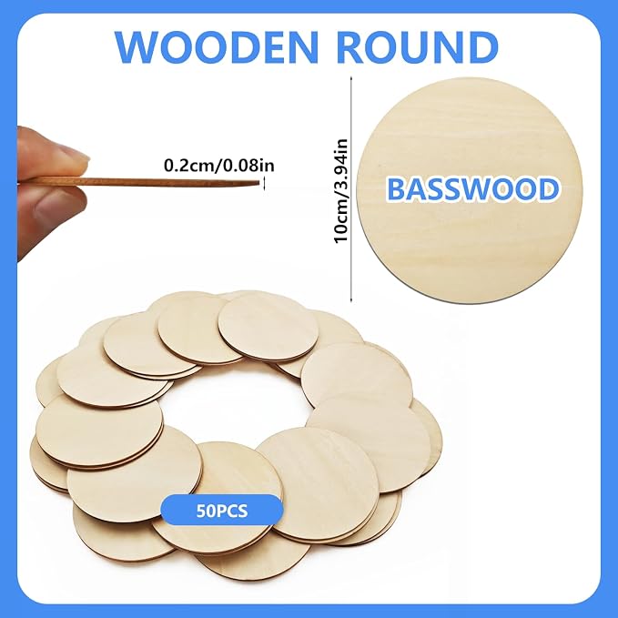 50PCS Wooden Round, Made of Basswood, 4 Inch Unprocessed Wood Pieces, Natural - Image 2