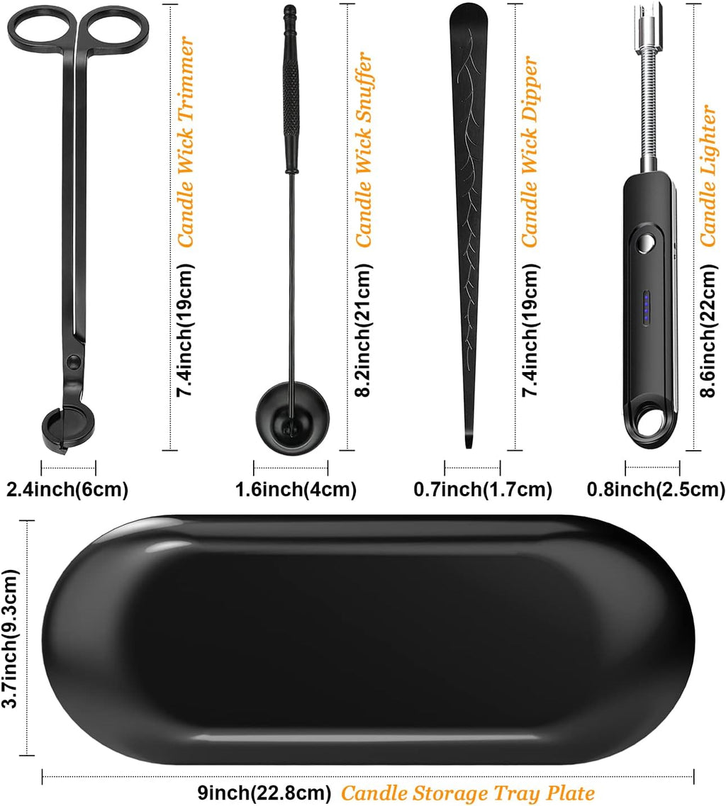 Lsnisni 5Pcs Candle Accessory Set With Rechargeable Electric Lighter, Storage Tray, Wick Trimmer, Snuffer, Dipper - Stainless Steel Care Kit With Gift Package for Candle Lovers - Black